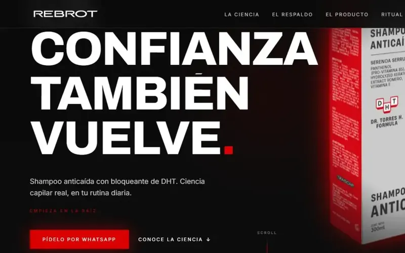 Captura de la landing page de REBROT, e-commerce de producto, mostrando la página de venta directa con botón de cierre por WhatsApp.